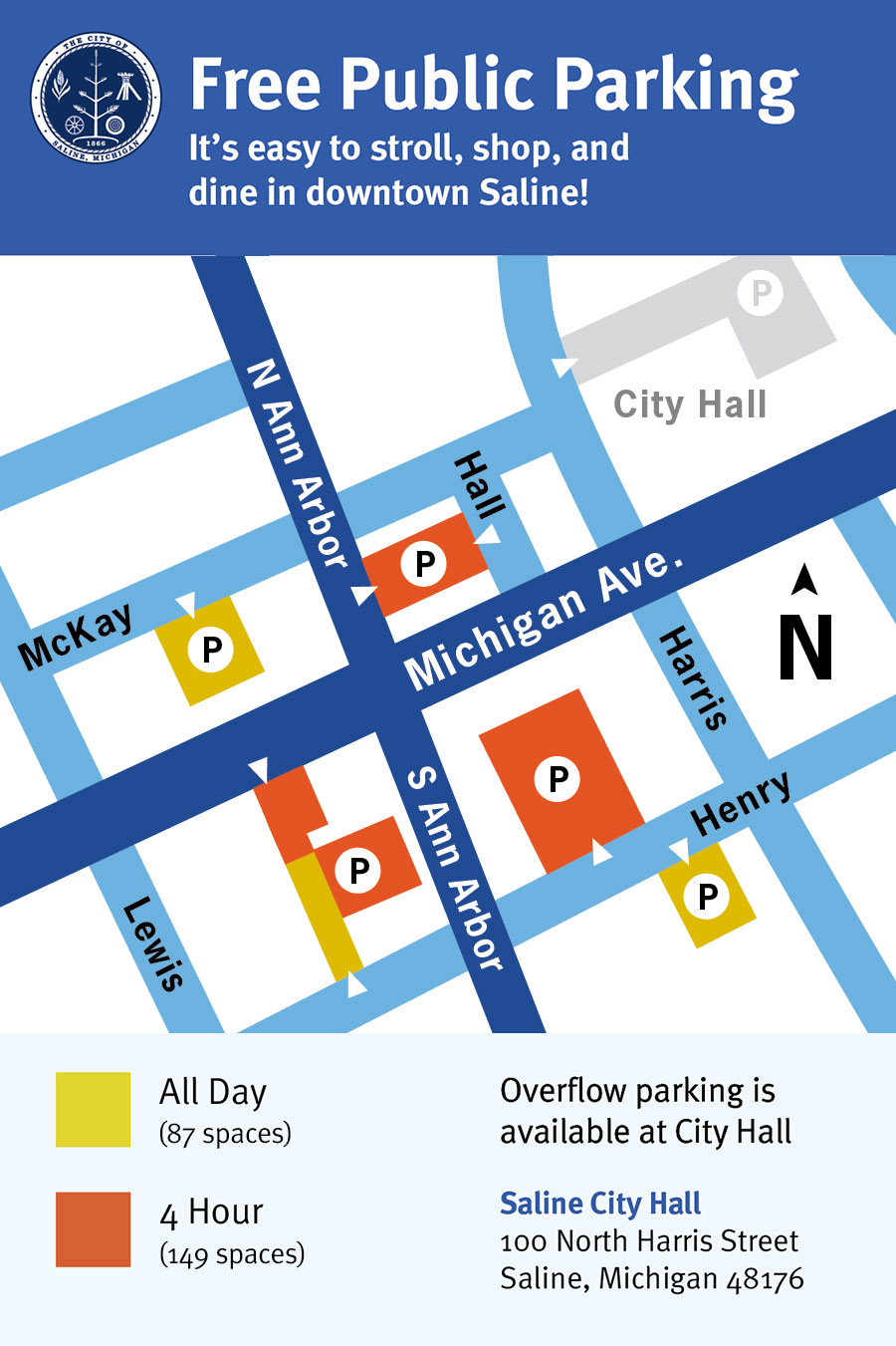 Map of free public parkingin downtown Saline Michigan